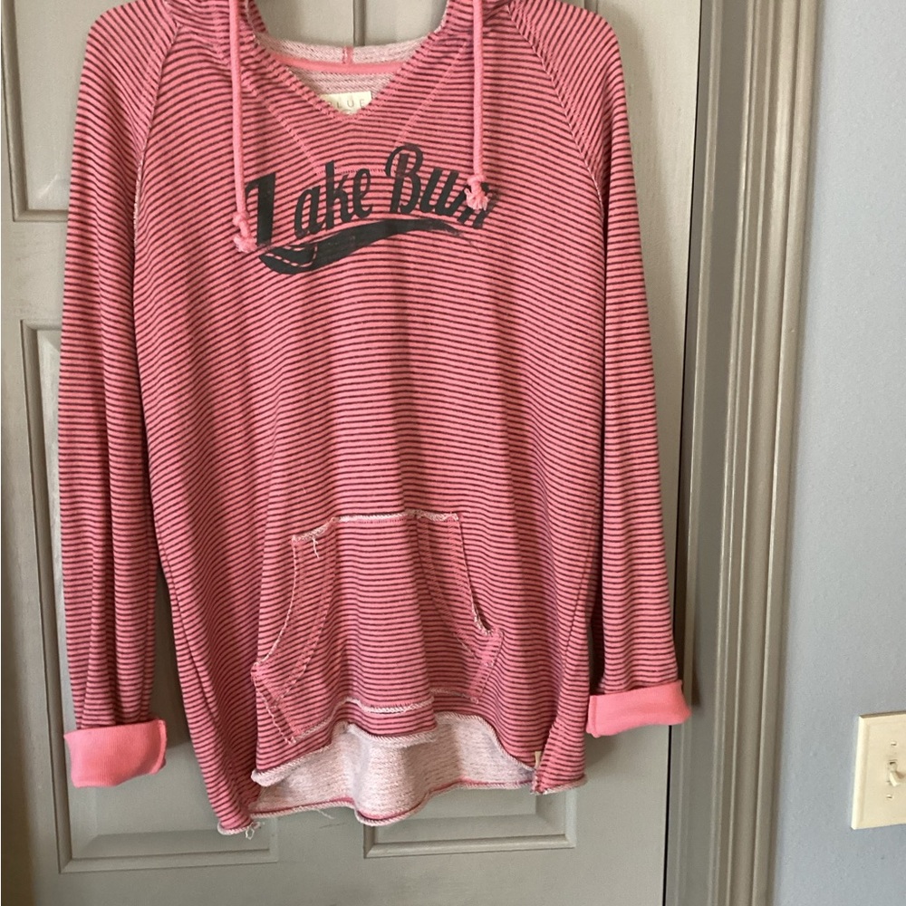 Pink Striped Hoodie with Lake Blue Print